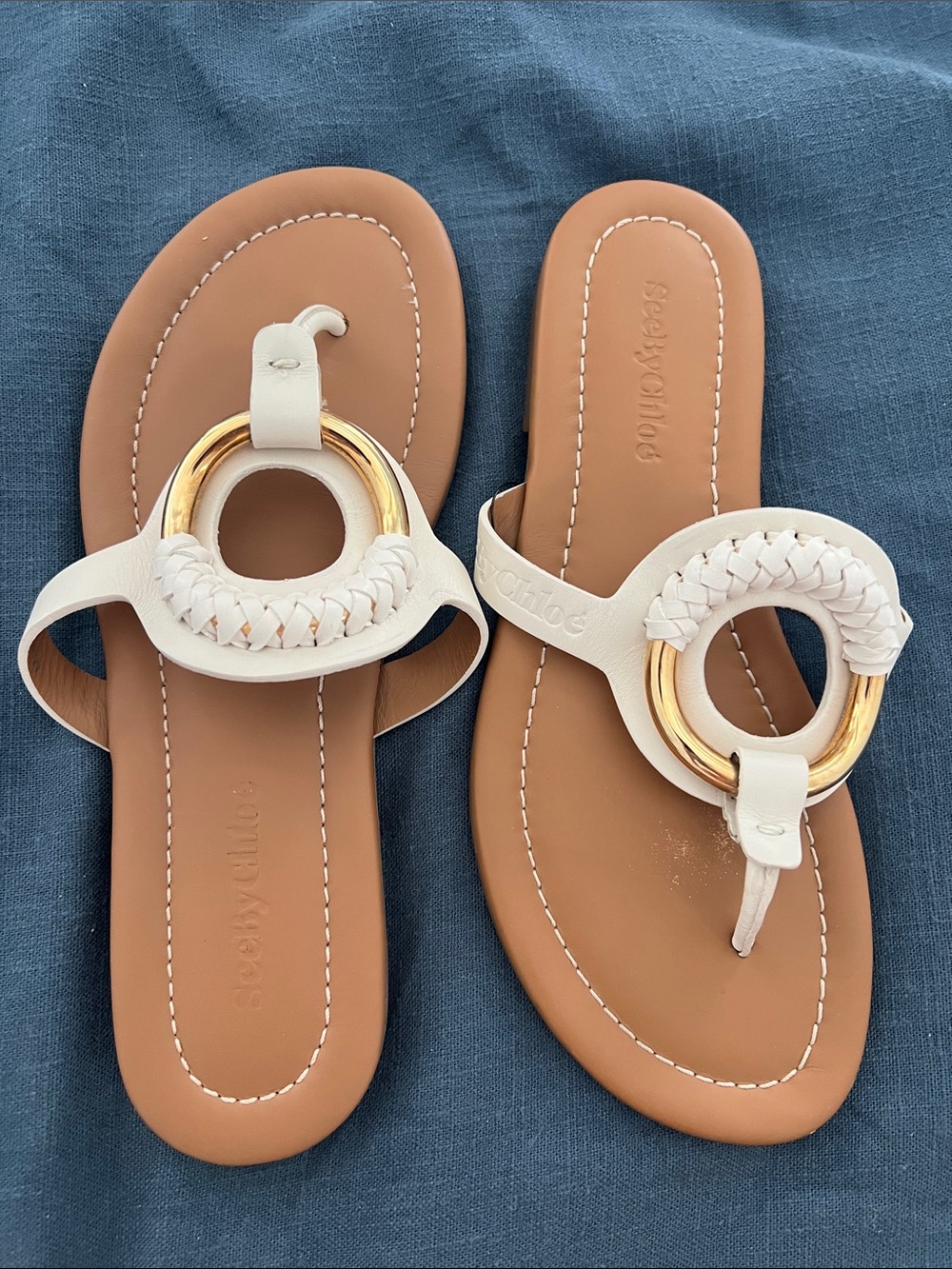 See by Chloe white gold sandals thong flip flops size 37 Hana leather shoes